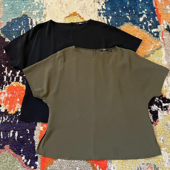 Set of 2 Uniqlo Drape Dolman Short-Sleeve Blouses, Black and Green, size Small - Picture 2 of 16